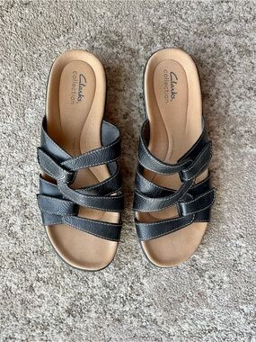 Clarks Black Multi-Strap Slide Sandals